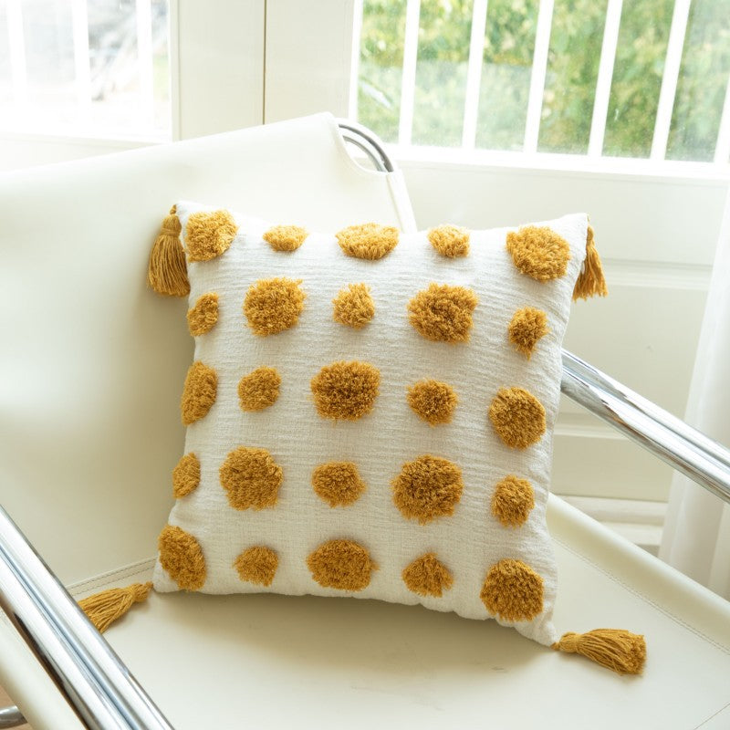 Square Textured Pom-Pom Dot Throw Pillow Cushion with Tassel Corners and Shaggy Tufted Accents