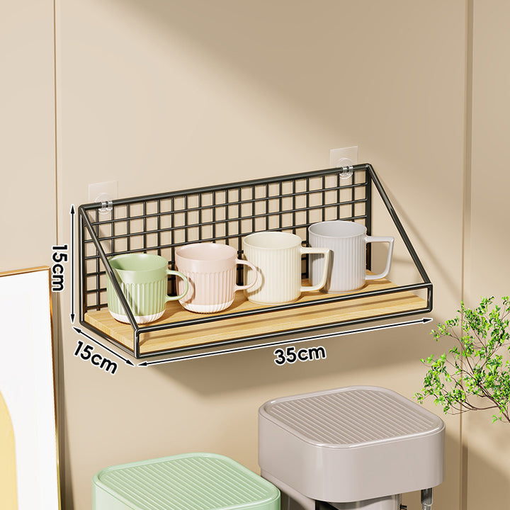 Ventilated Grid Wall Shelf with Wood-Look Tray and Clear Suction Mounts