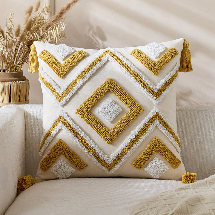 Tufted Geometric Boho Square Throw Pillow Cover with Corner Tassels and Hidden Zipper