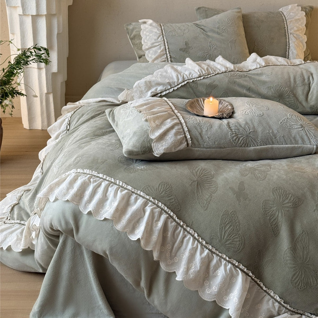 Embossed Butterfly Ruffled Comforter Duvet Cover Set