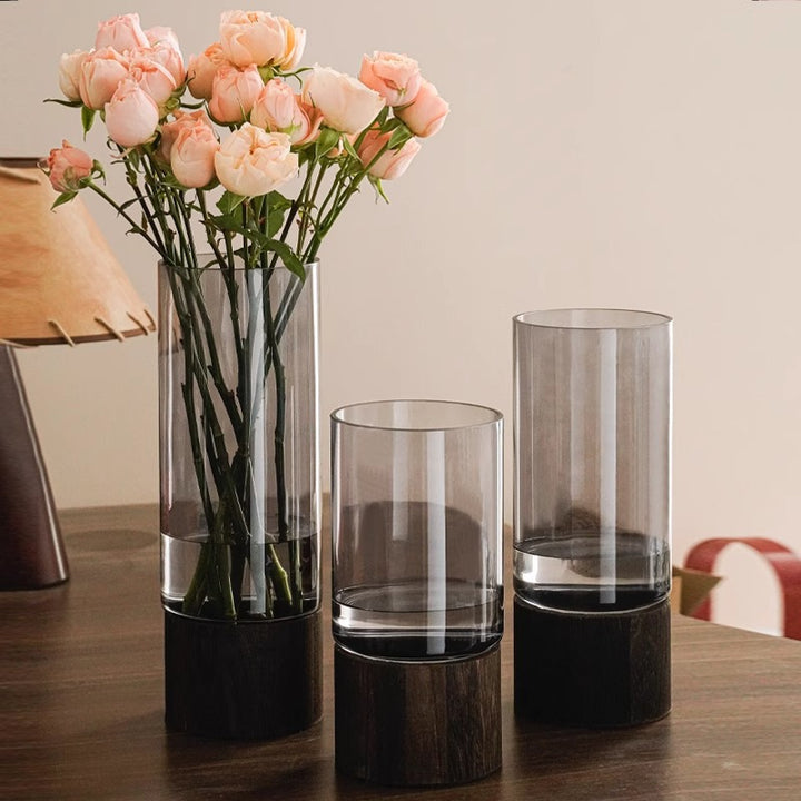 High-quality glass vase with wooden base Stornfield