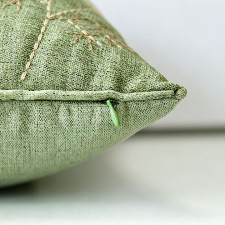 Square Embroidered Botanical Linen-Blend Accent Pillow Cover with Hidden Zipper