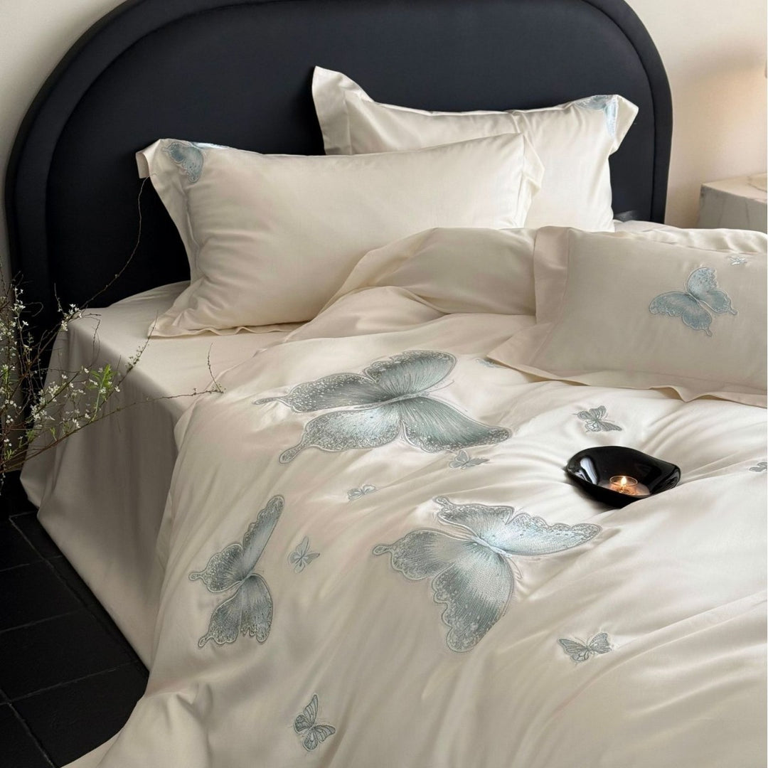 Elegant satin bed linen set with tonal butterfly embroidery