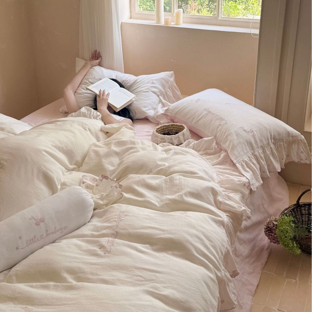 Romantic cotton bedding set with ruffles and delicate embroidery