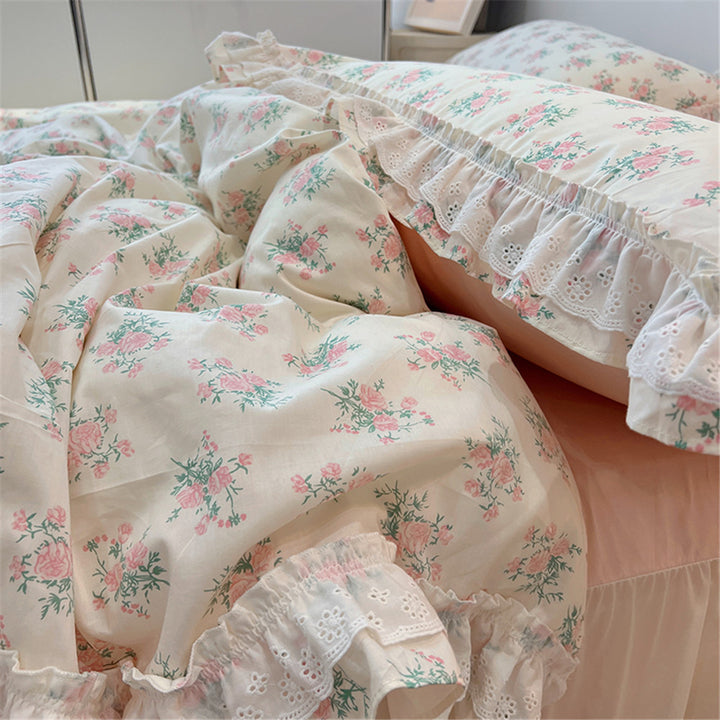 Ruffled Floral Lace-Trim Duvet Cover Set with Pillow Shams
