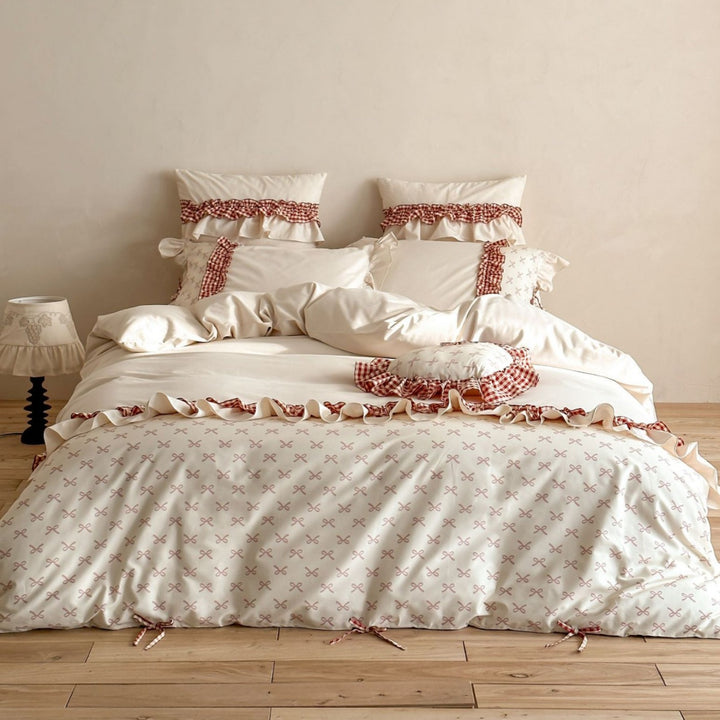 Ruffled Gingham Trim Cotton Percale Duvet Cover Set with Decorative Pillowcases