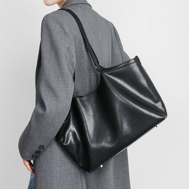 Glossy Smooth Leather-Look Shoulder Tote with Adjustable Buckle Straps & Metal Feet