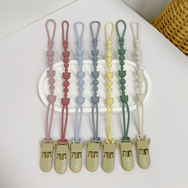 Baby Silicone Bead Teething Pacifier Clip with Wooden Safety Clip