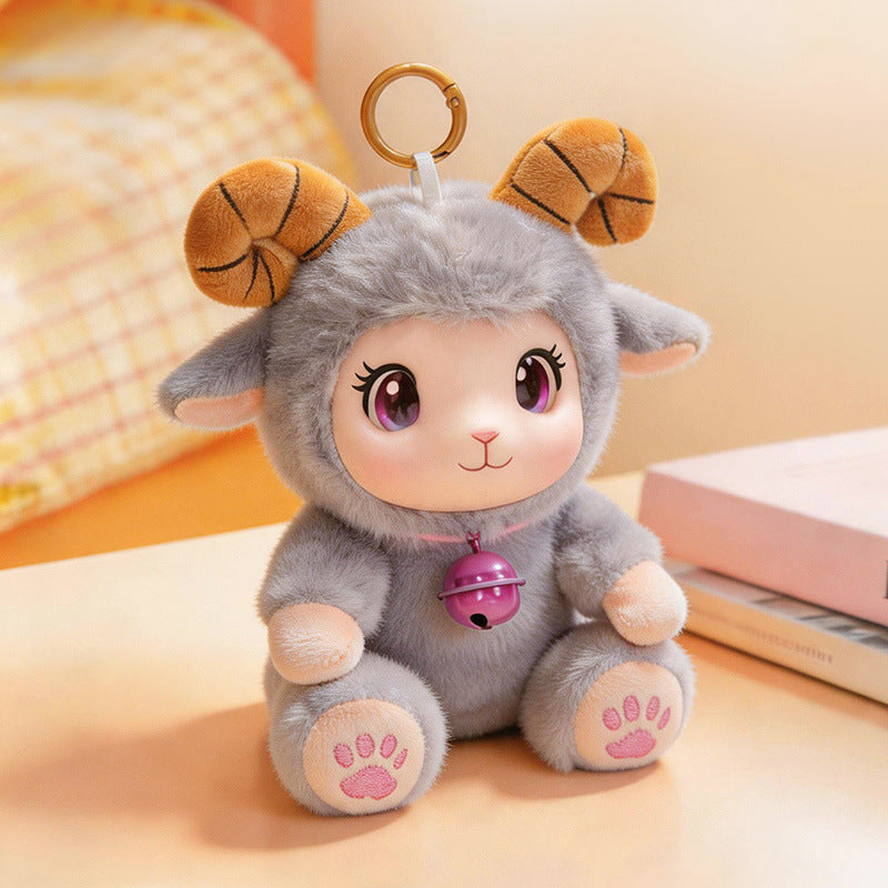 Plush Ram Keychain Charm with Curly Faux-Fur, Sculpted Face, Bell Necklace and Metal Ring Stornfield