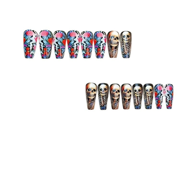 Creative artificial nails with skeleton and flower motifs Stornfield