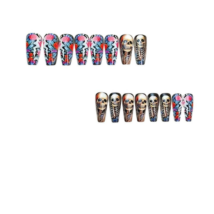 Creative artificial nails with skeleton and flower motifs Stornfield