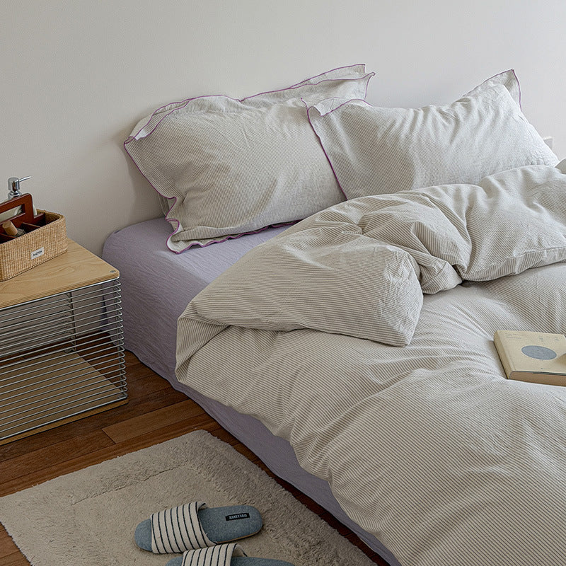 Striped Cotton-Linen Duvet Cover and Pillowcase Set with Brushed Soft Breathable Weave