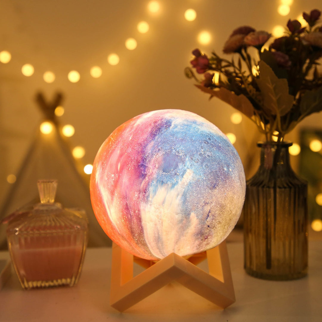 Textured Moon Table Lamp with Wooden Geometric Stand Stornfield