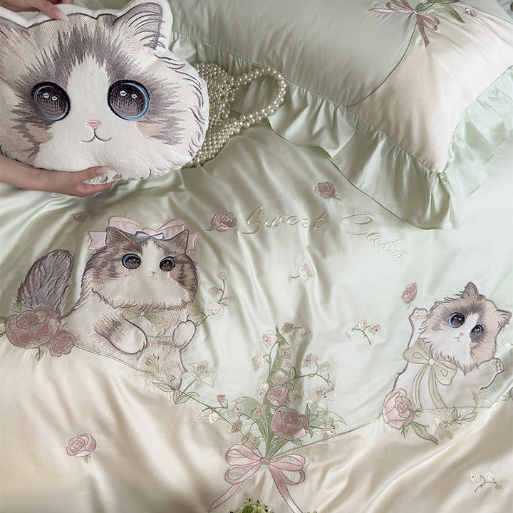 Ruffled Embroidered Cotton Sateen Cat-Motif Duvet Cover Set