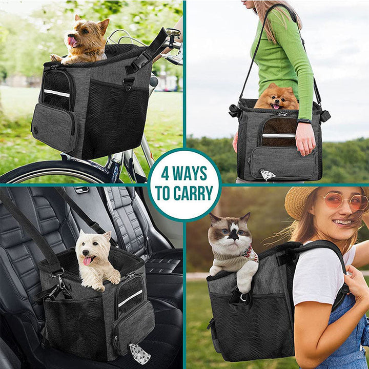 convertible front-mount pet transport backpack with reinforced base, breathable mesh canopy, padded straps and detachable shoulder sling Stornfield