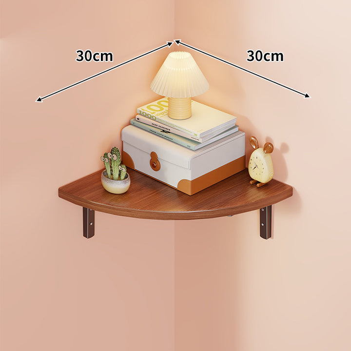 Corner Wall-Mounted Floating Shelf with Rounded Triangular Solid Wood Top and Metal Support Brackets