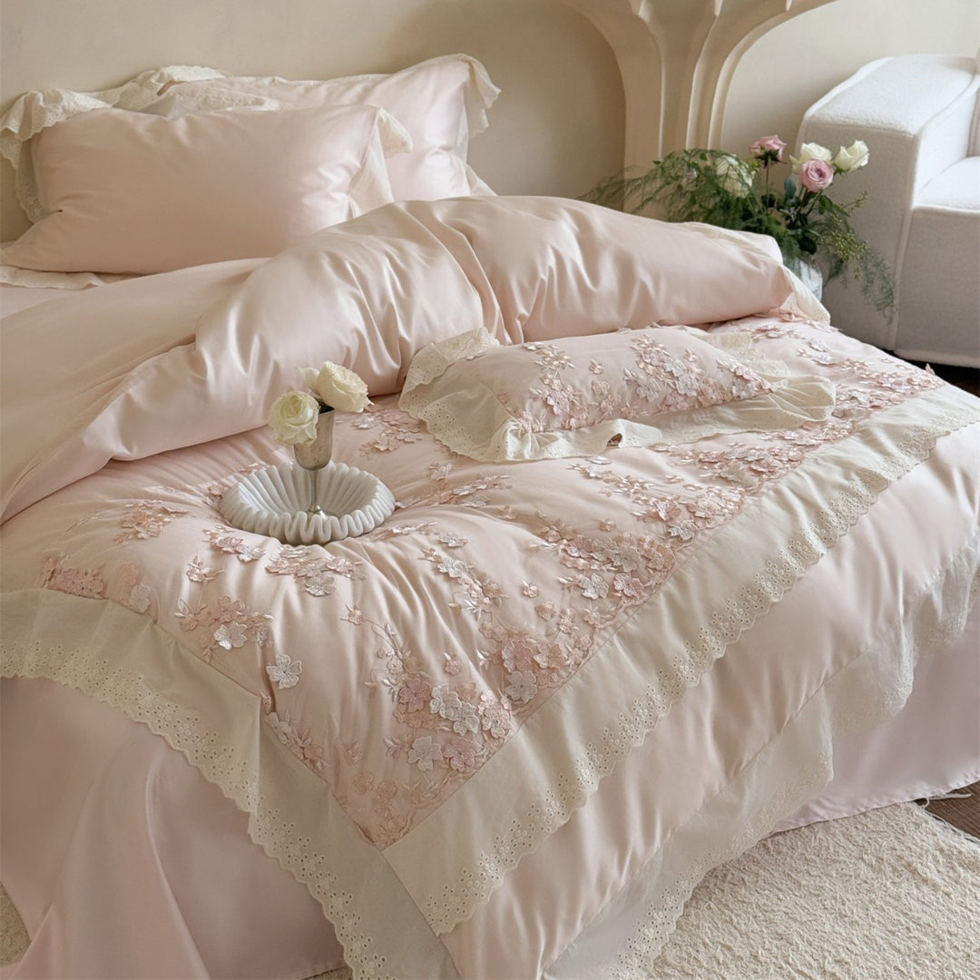 Romantic Embroidered Floral Ruffled Duvet Cover Set