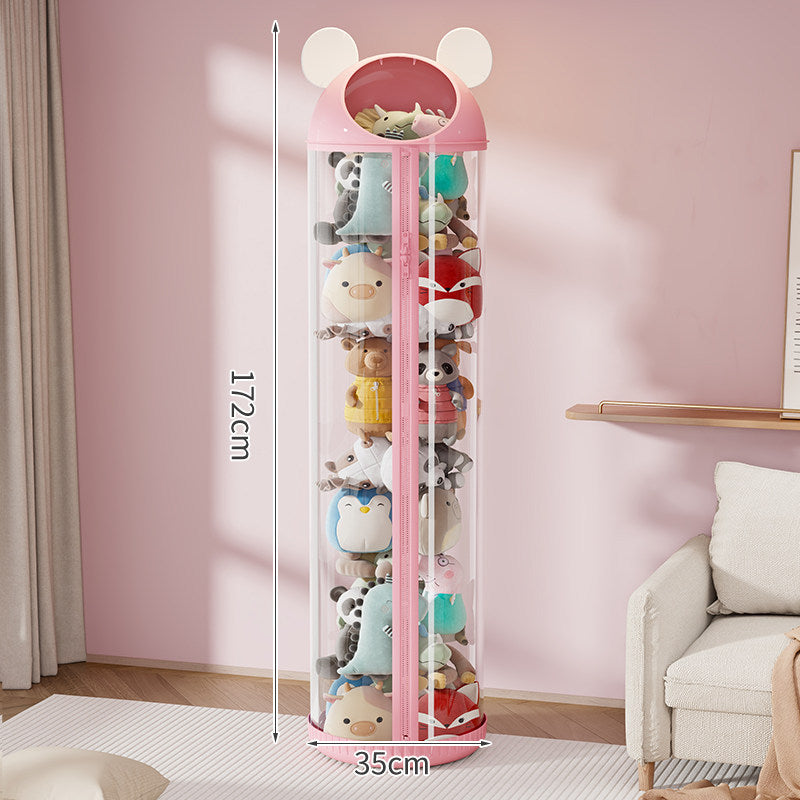 Vertical Clear Cylinder Plush Toy Storage Tower with Divided Shelves and Caster Base