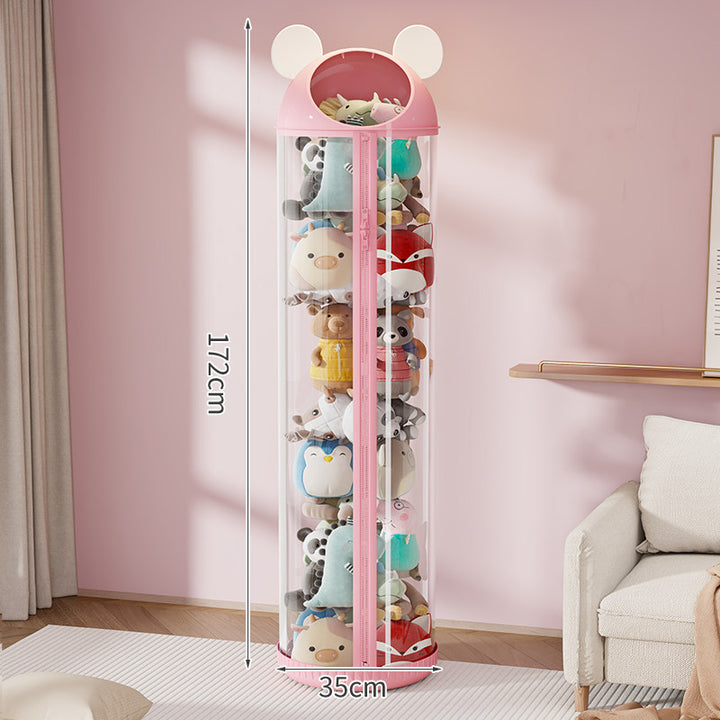 Vertical Clear Cylinder Plush Toy Storage Tower with Divided Shelves and Caster Base