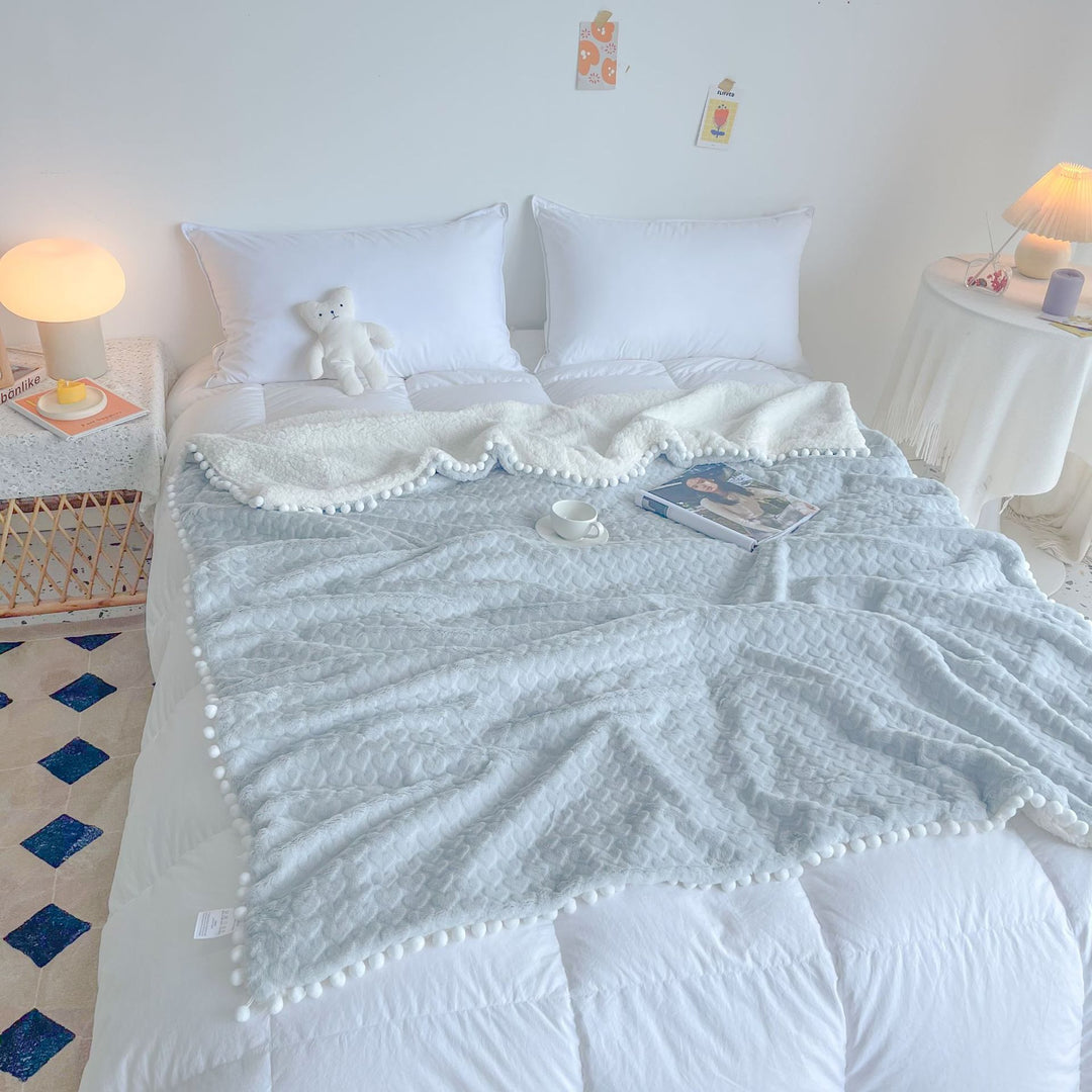 Plush Reversible Sherpa Throw Blanket with Pom-Pom Edge