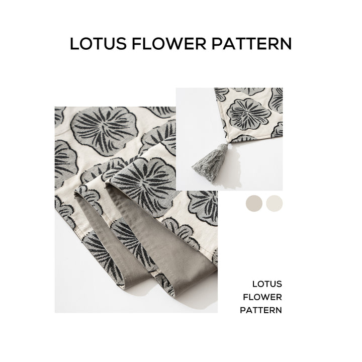 Woven double-sided linen table runner with tassels and hand-drawn swallow print Stornfield