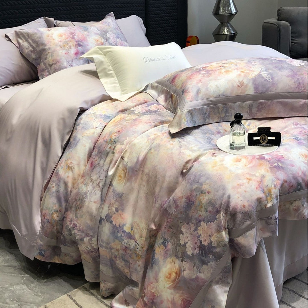 Satin-Feel Watercolor Floral Duvet Cover Set with Pillow Shams