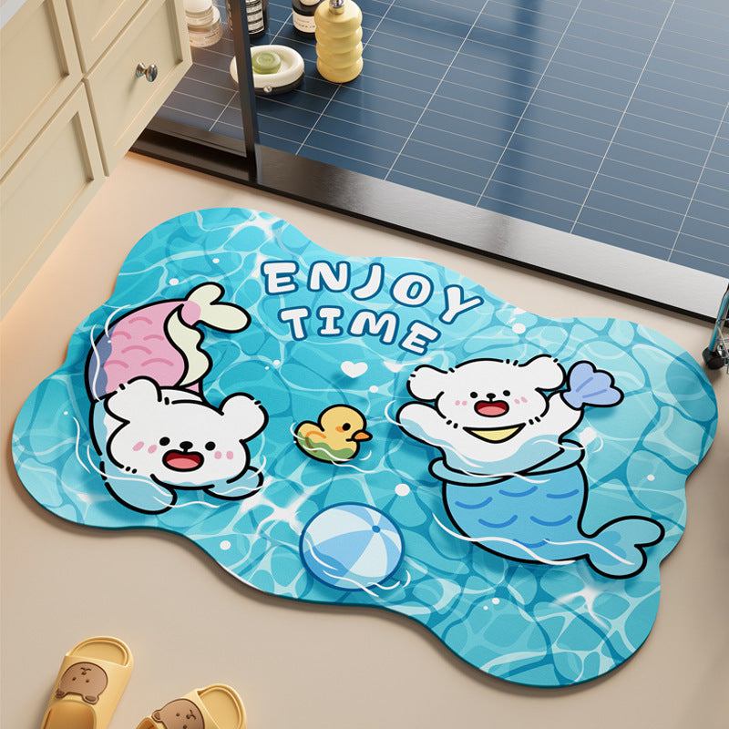 Playful Cartoon Pool-Themed Bath Mat