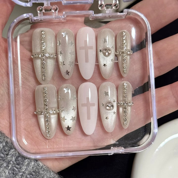 Decorative Press-On Nail Art Set with Glamorous Star and Cross Designs