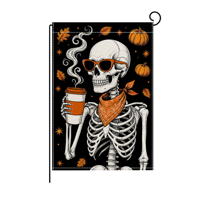 Outdoor Halloween Garden Flag Double-Sided Polyester Yard Banner with Skeleton and Jack-o'-Lantern Illustration