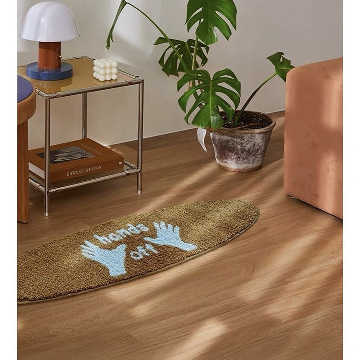 Elongated Tufted Chenille Novelty Floor Runner with 'Hands Off' Graphic