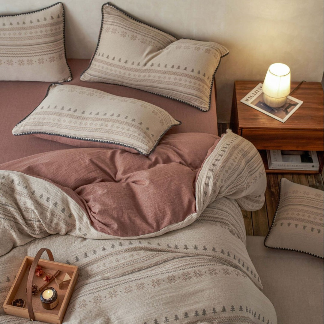 Cotton muslin duvet cover set with jacquard structure and Norwegian pattern