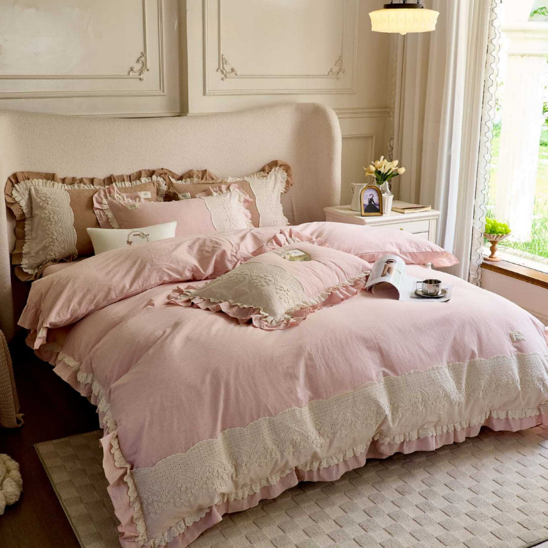 Vintage-Inspired Ruffled Eyelet Lace Cotton-Linen Duvet Cover Set