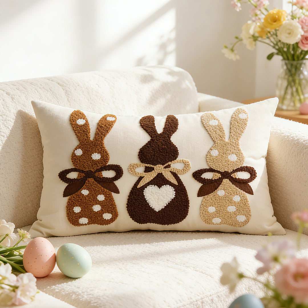 Tufted Appliqué Bunny Trio Lumbar Pillow Cover Cotton-Linen Blend with Hidden Zipper