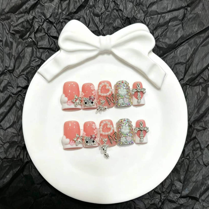 Decorative Press-On Nail Art Set with 3D Charms
