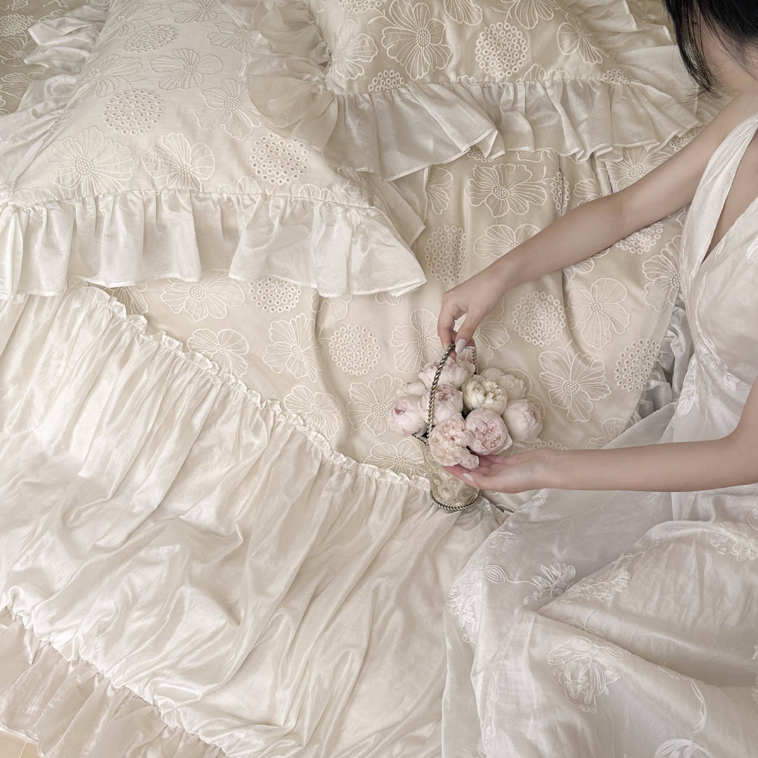 Vintage-inspired Ruffled Bedding Set with Fine Embroidery and Ruffle