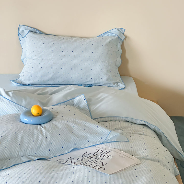 Cotton Sateen Duvet Cover Set with Micro Dot Print and Piped Shams