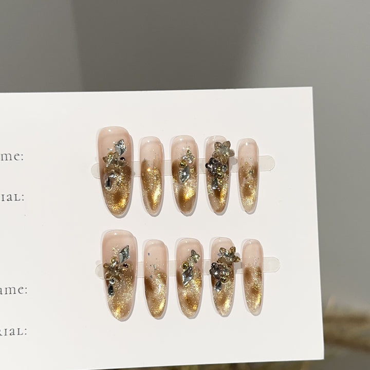 Luxury Glittery Press-On Nail Set with Floral Accents