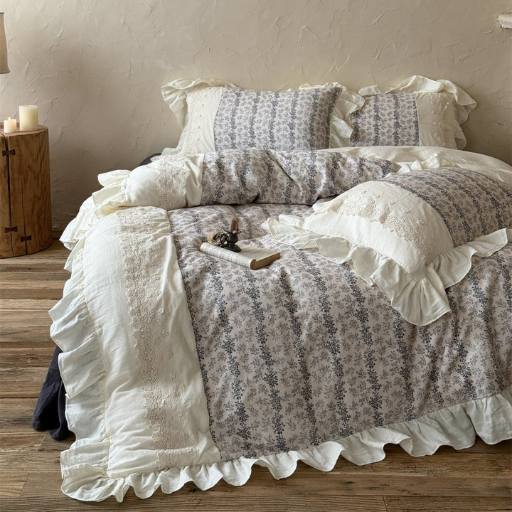 Cottage Lace-Panel Floral Quilt-Style Duvet Cover Set with Frilled Hem