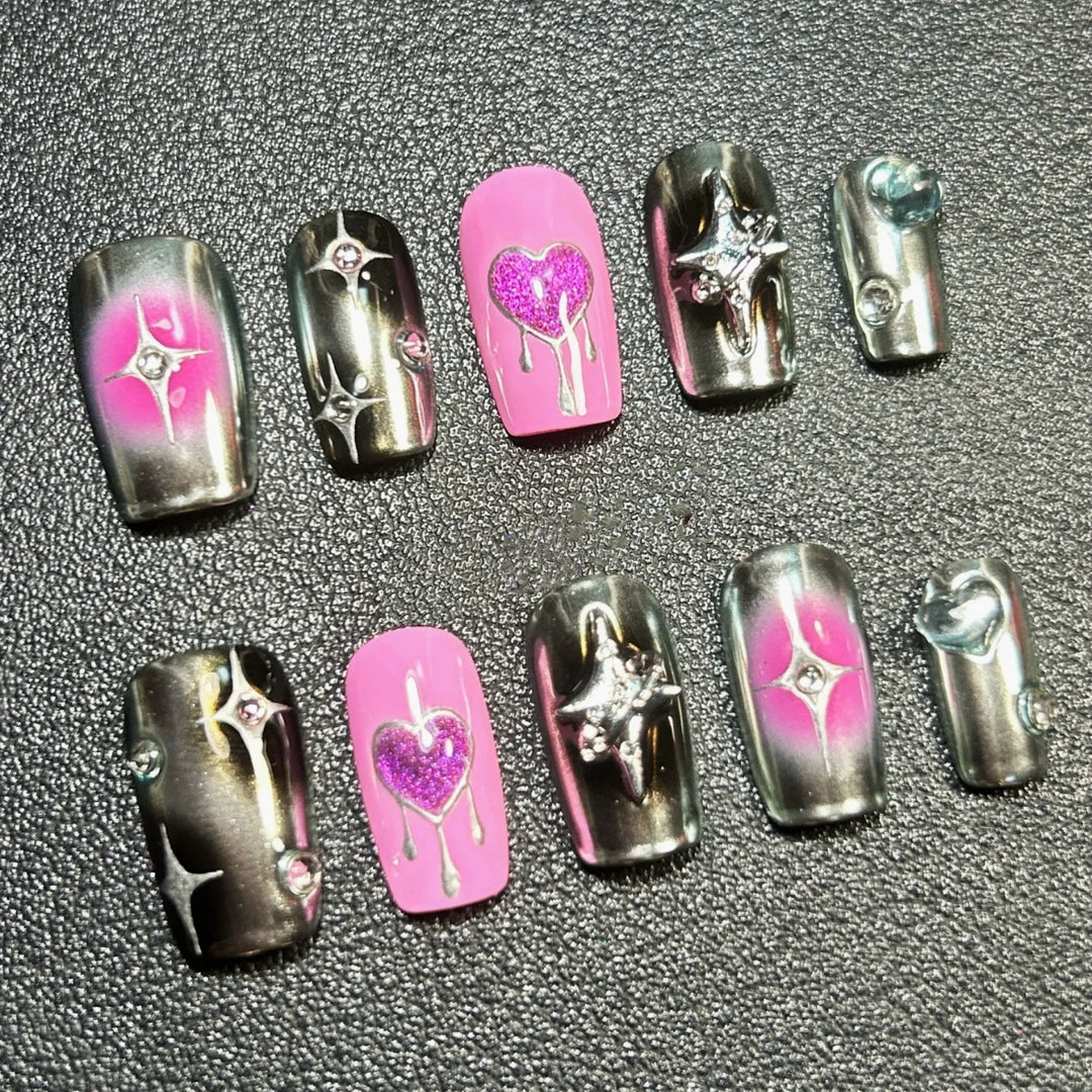 Decorative Press-On Nail Art Set with Heart and Star Designs