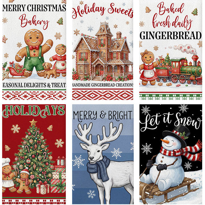 Festive Cotton-Linen Kitchen Tea Towel with Christmas Tree Print and Buffalo Check Border