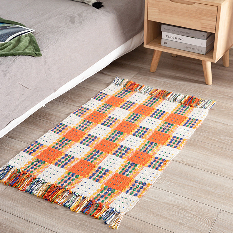 Flat striped carpet runner made of cotton blend with anti-slip coating and easy-care woven structure