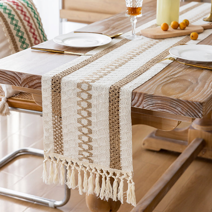 Handwoven Cotton Bohemian Tassel Table Runner with Neutral Geometric Stripes