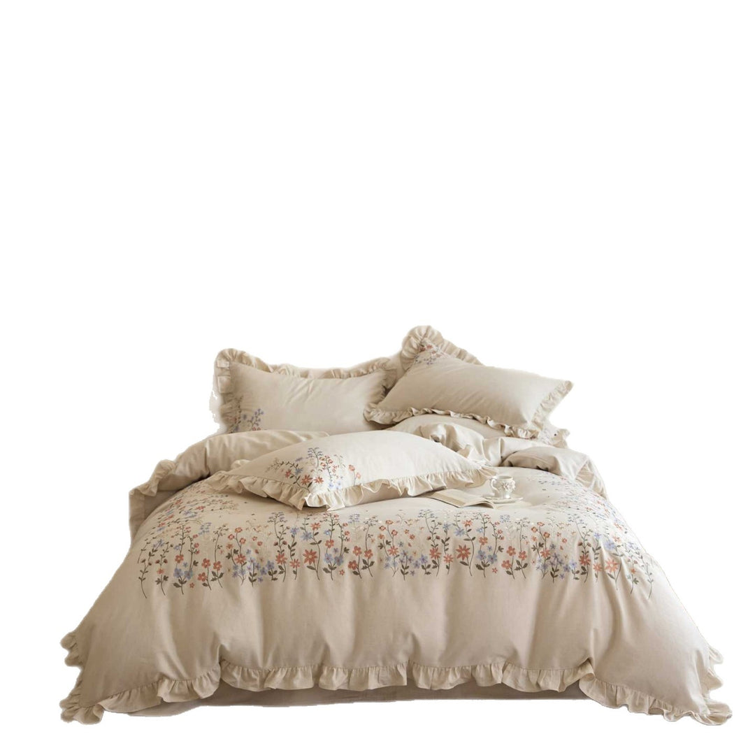 Floral Embroidered Ruffled Duvet Cover Set with Frilled Edge and Pillow Shams