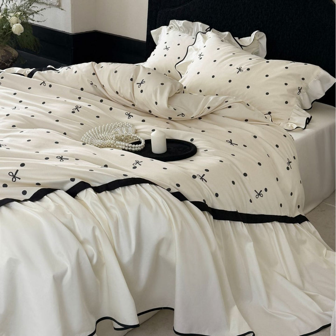 Reversible Polka-Dot Satin-Feel Ruffled Duvet Cover Set with Black Piping and Decorative Shams