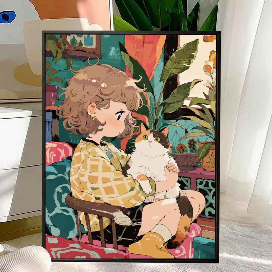 Cute Cat and Child Illustration Wall Art Stornfield