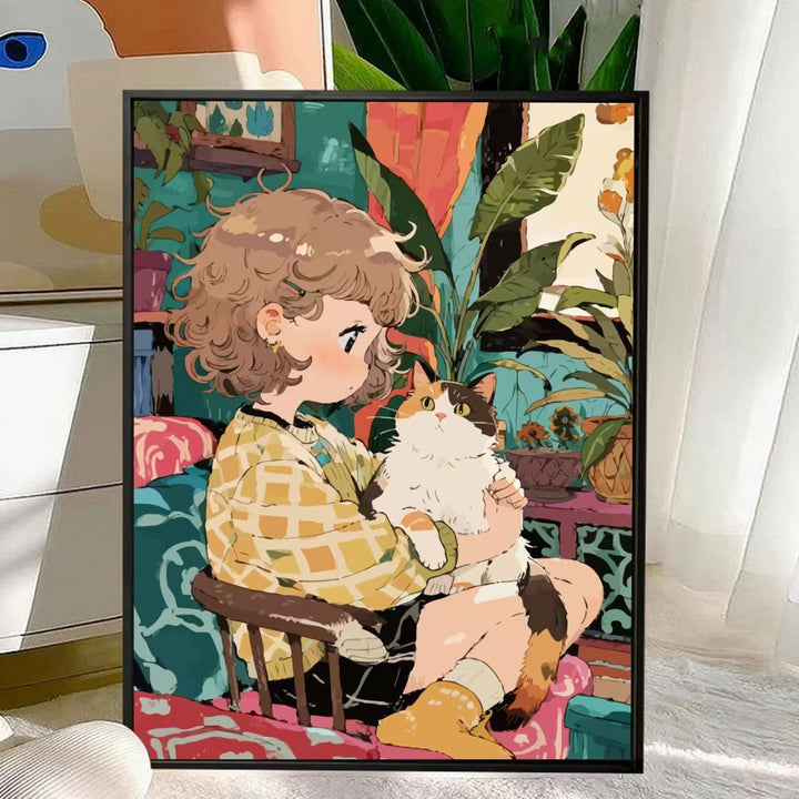 Cute Cat and Child Illustration Wall Art Stornfield