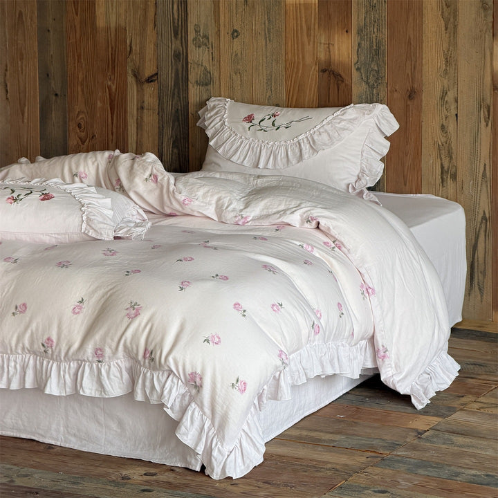 Romantic cotton bedding set with ruffle trim and rose embroidery