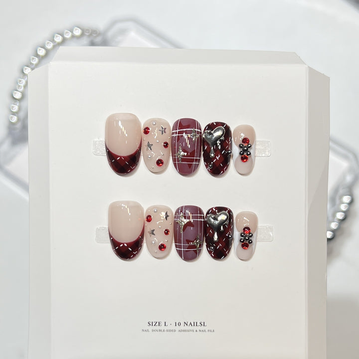 Premium Press-On Nail Art Set with Elegant Heart & Leaf Design Stornfield