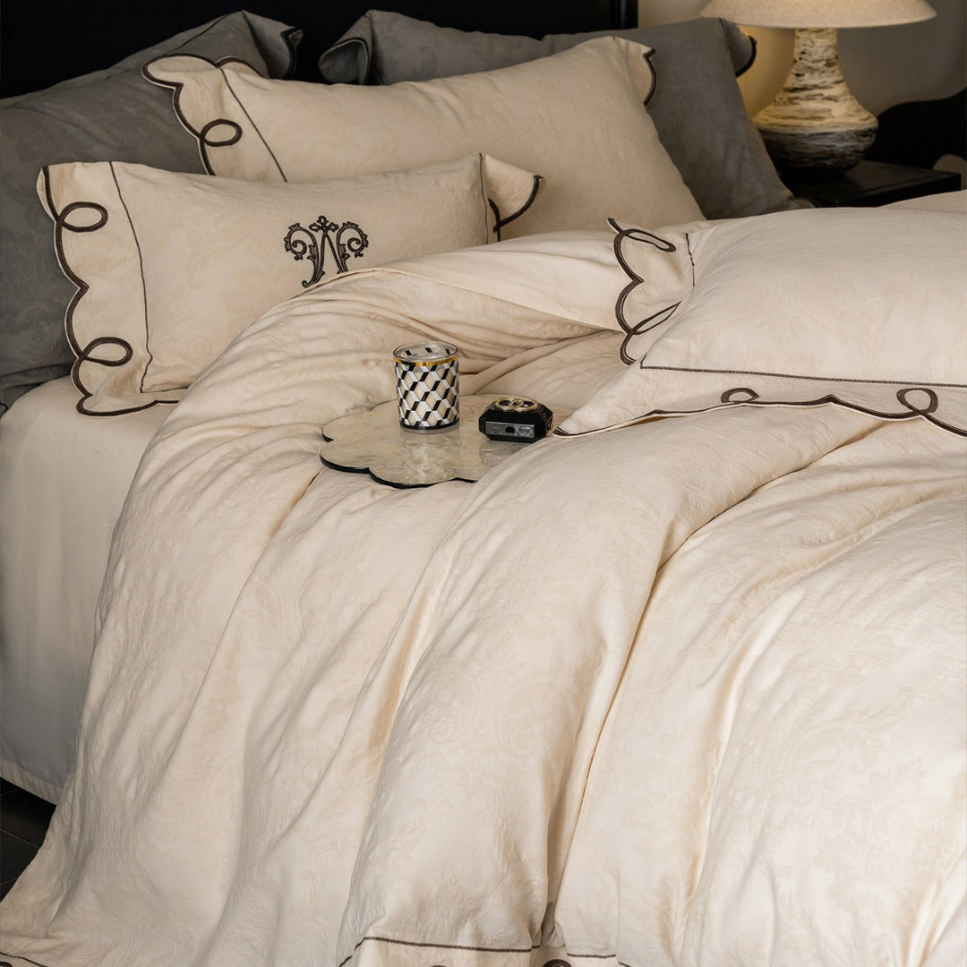 Embroidered Scalloped-Loop Jacquard Duvet Cover Set with Matching Pillow Shams