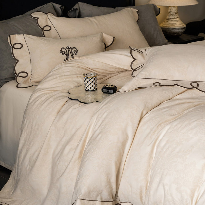 Embroidered Scalloped-Loop Jacquard Duvet Cover Set with Matching Pillow Shams